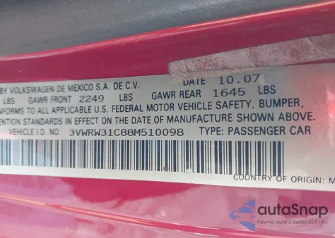 2008 Volkswagen New Beetle S z USA, uszkodzony, nr VIN 3VWRW31C88M510098